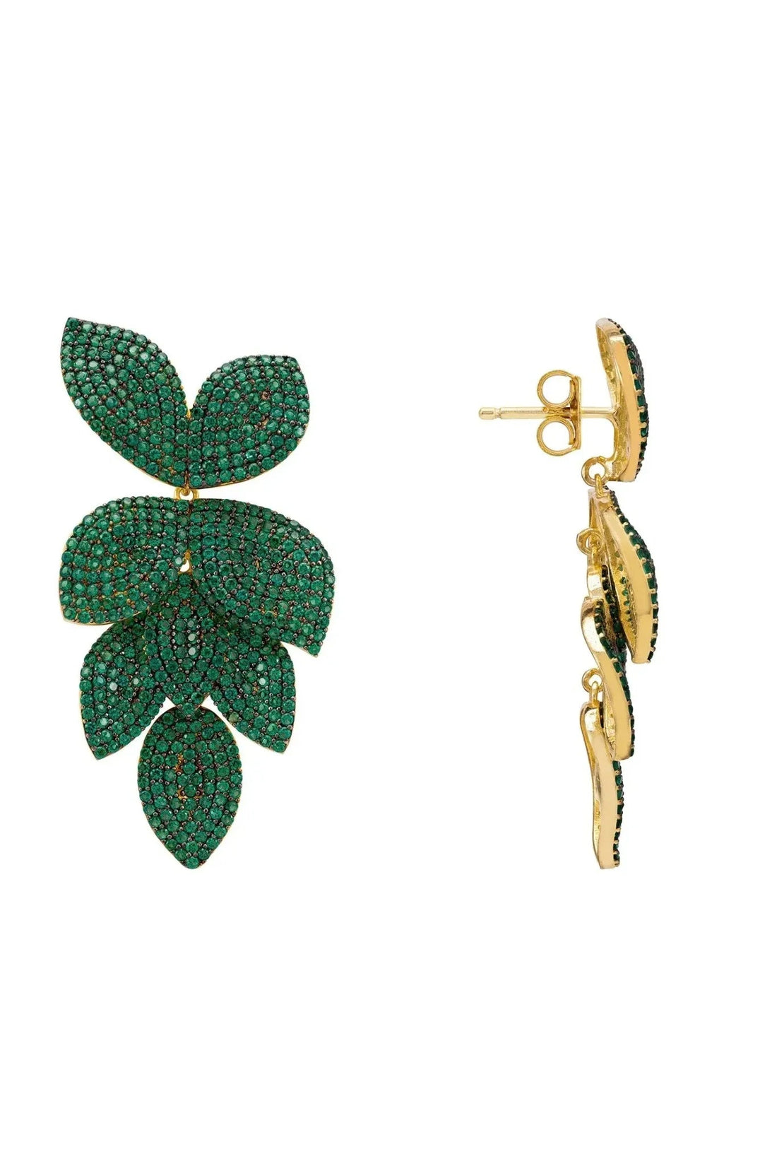 Emerald green rhinestone flower drop earrings with gold backings