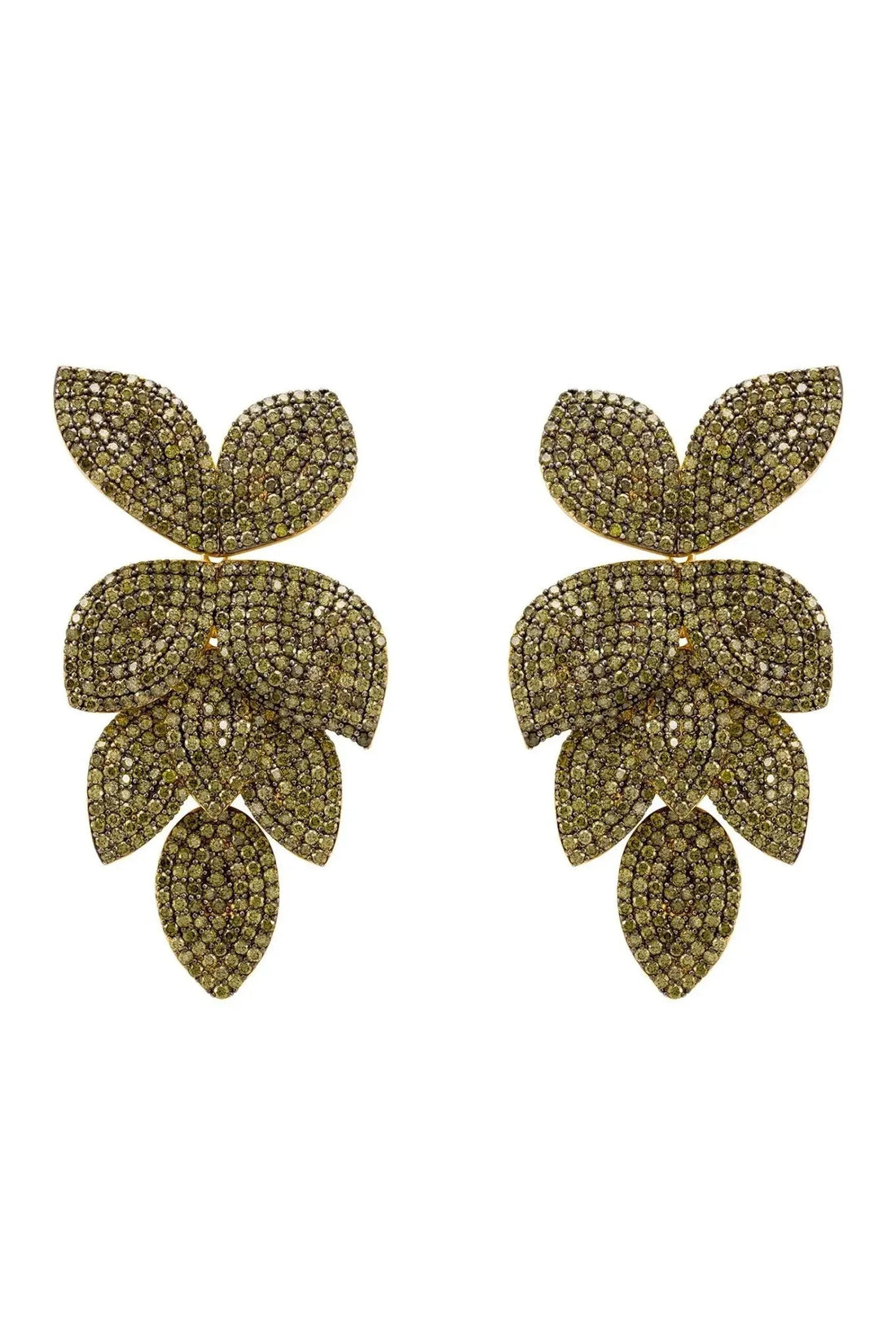 Petal cascading flower earrings with gold-tone petals and green stones