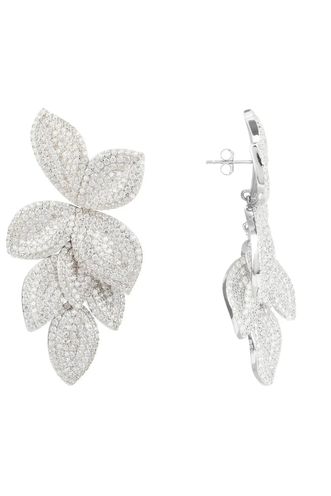 Silver cascading flower earrings with petal drop details and back clasp