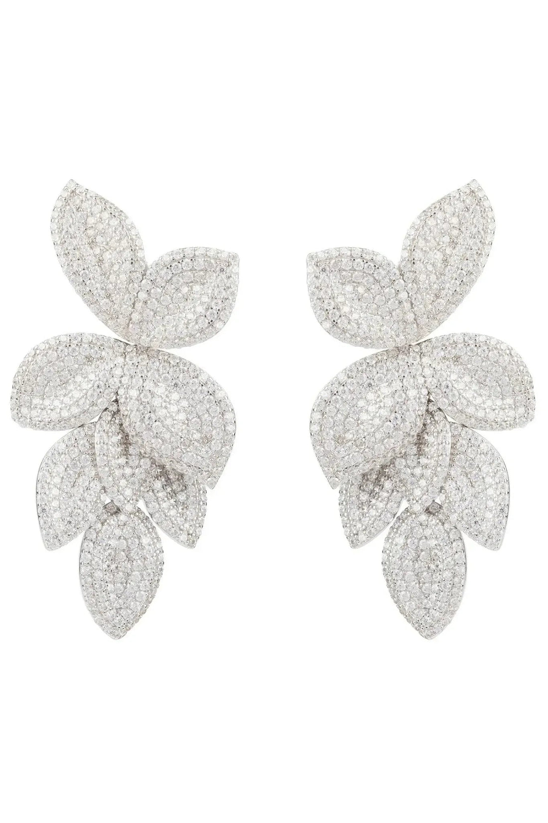 Silver cascading flower drop earrings with glittery petal design