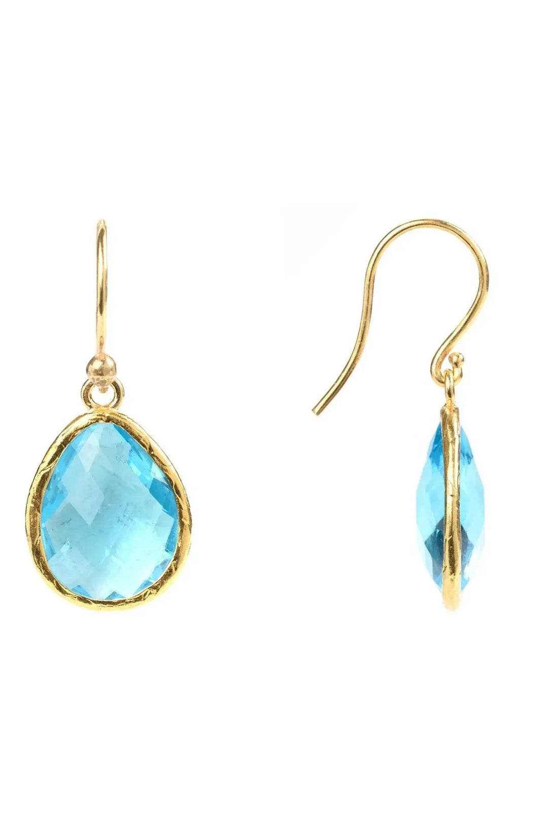 Gold-tone drop earrings with blue topaz teardrop stones, side view
