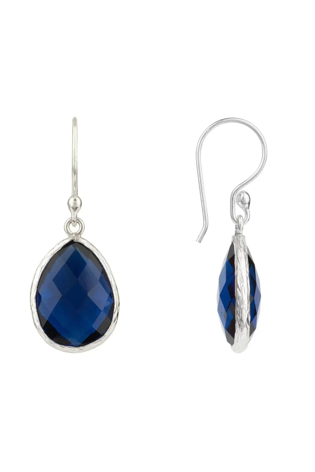 Petite drop earrings with blue faceted teardrop charm on silver-tone hook and loop