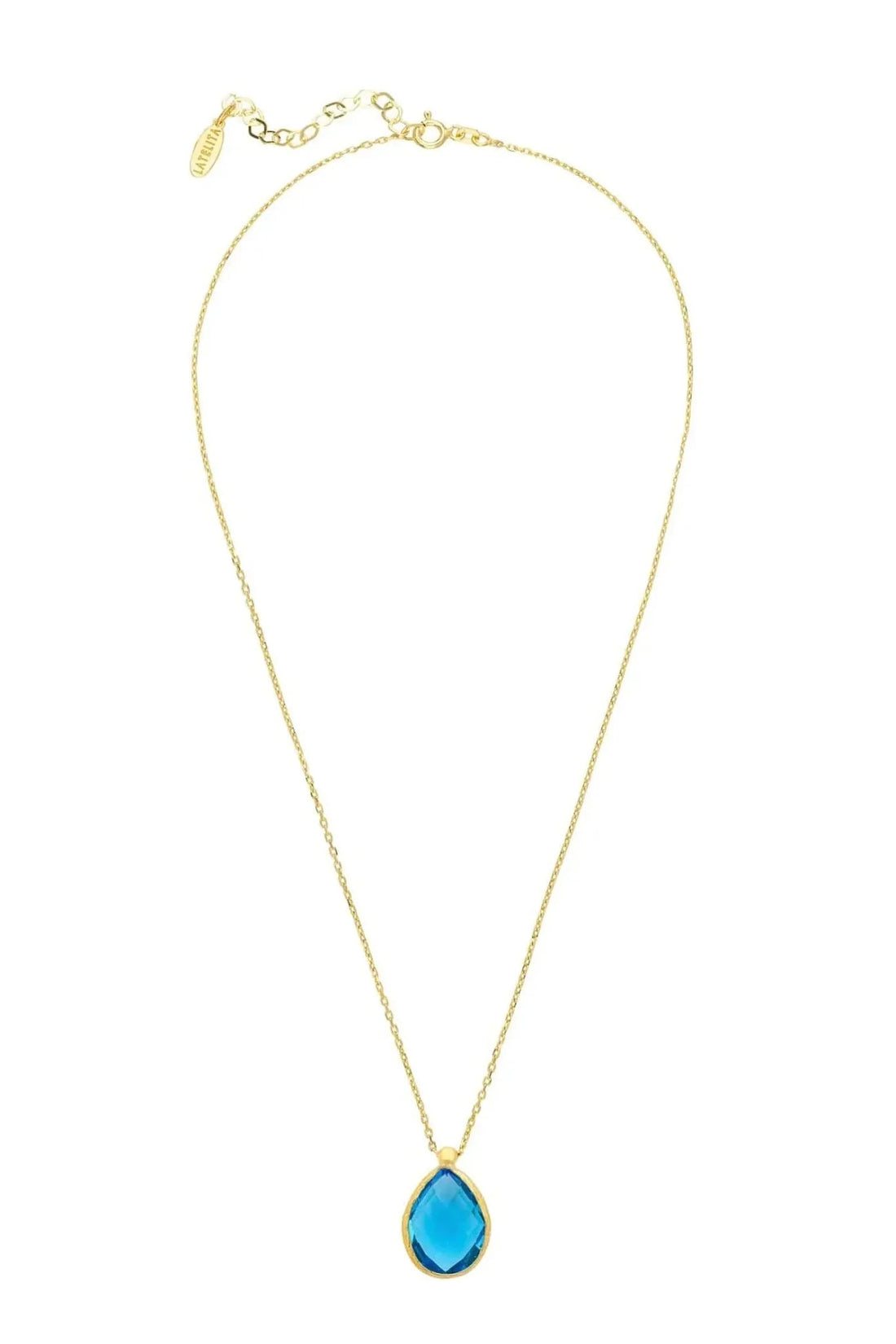 Gold drop necklace with blue topaz teardrop pendant on delicate chain