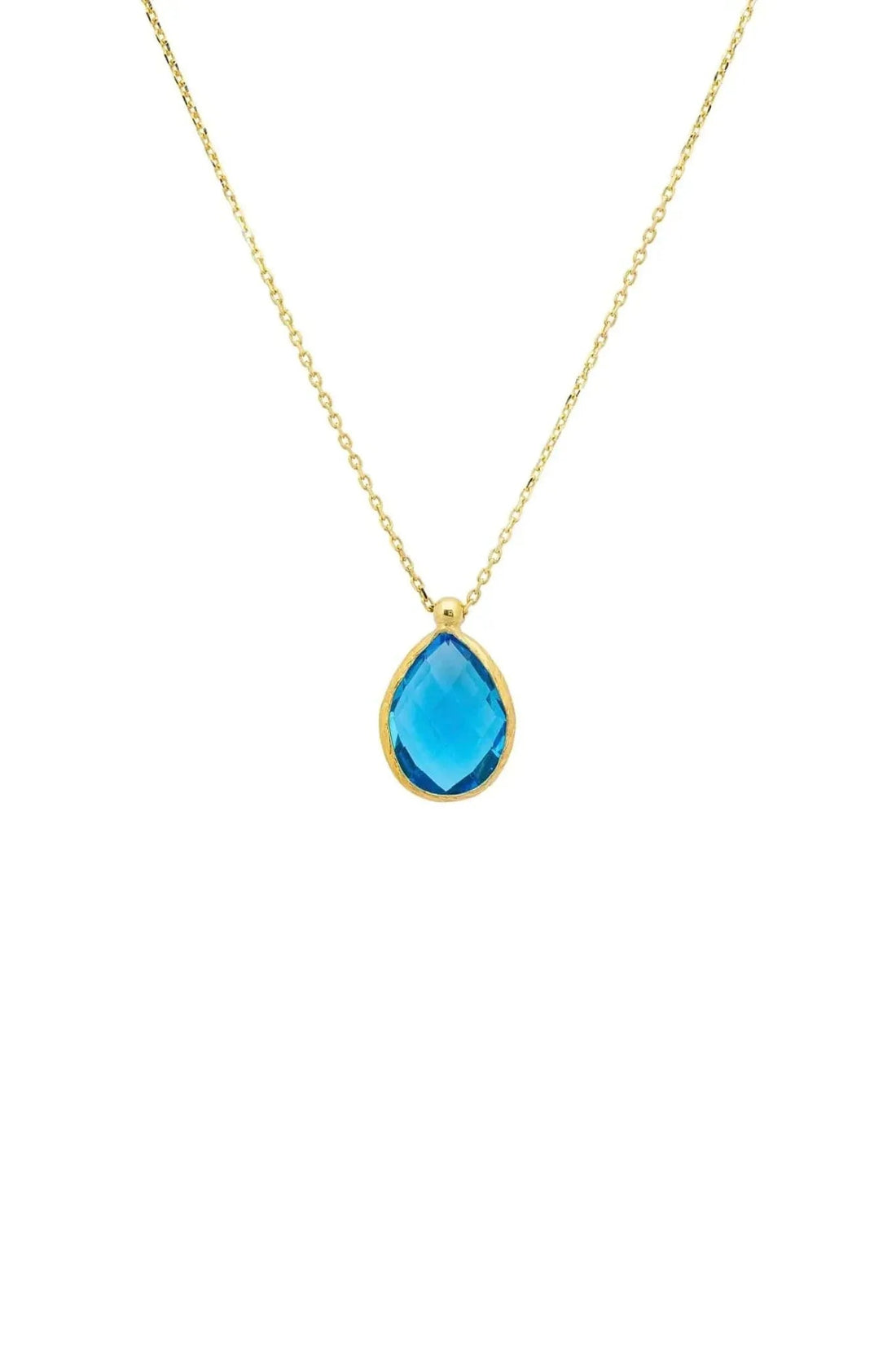 Gold drop necklace with blue topaz teardrop pendant on thin chain