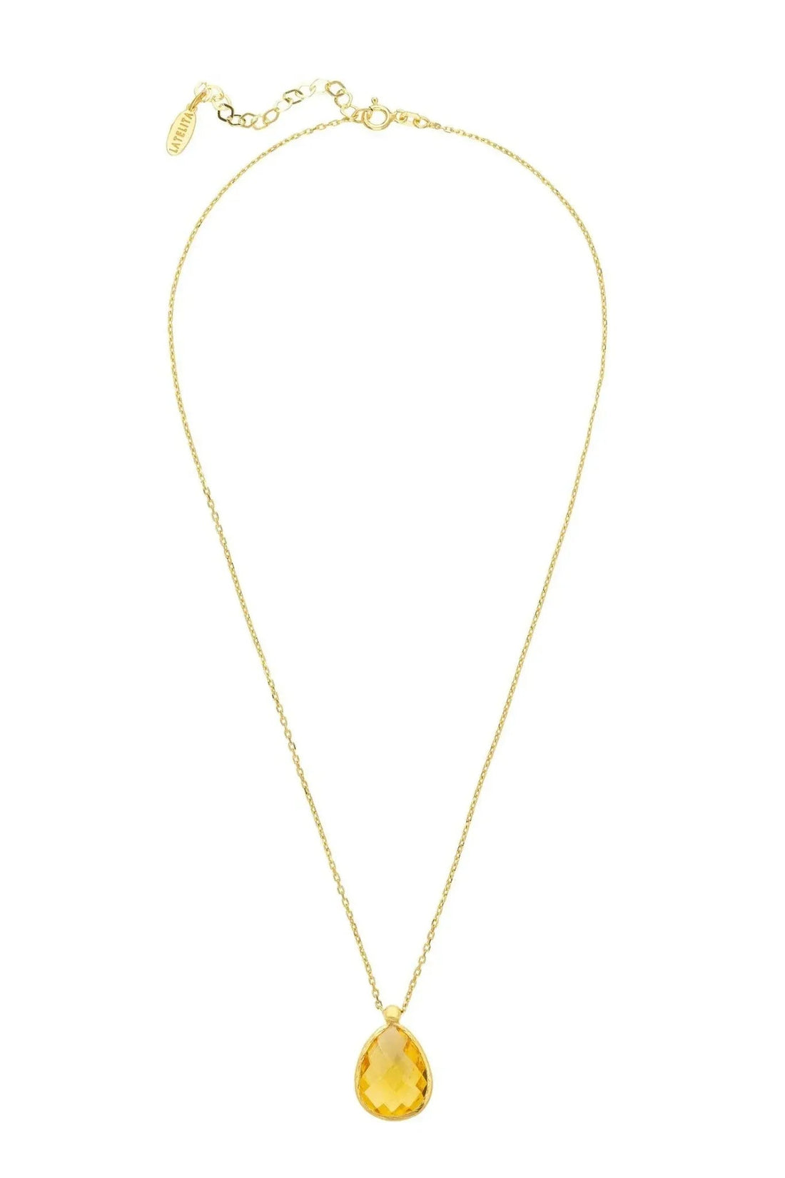 Petite drop necklace gold chain with citrine teardrop pendant, flat lay