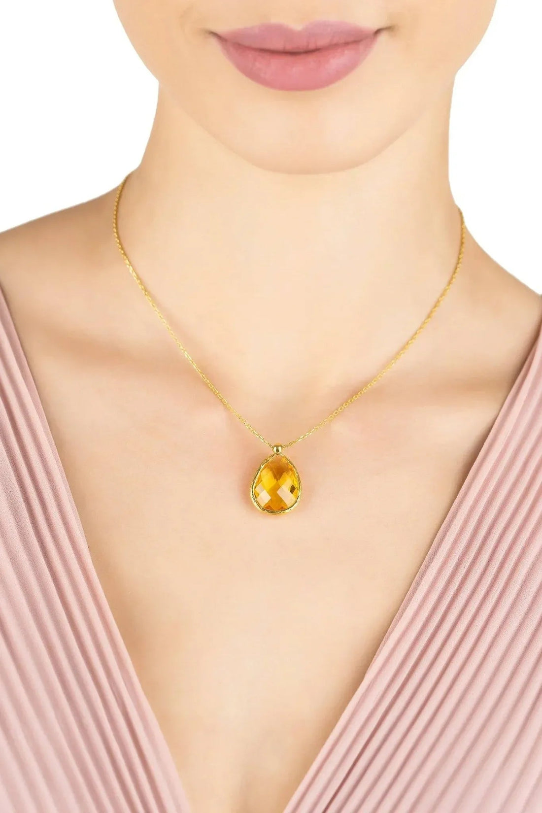 Petite drop necklace gold chain with citrine teardrop pendant on model