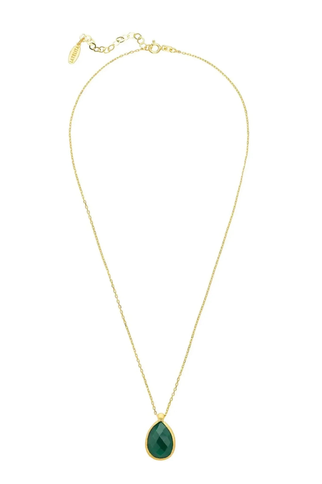 Gold drop necklace with green teardrop onyx pendant and chain clasp
