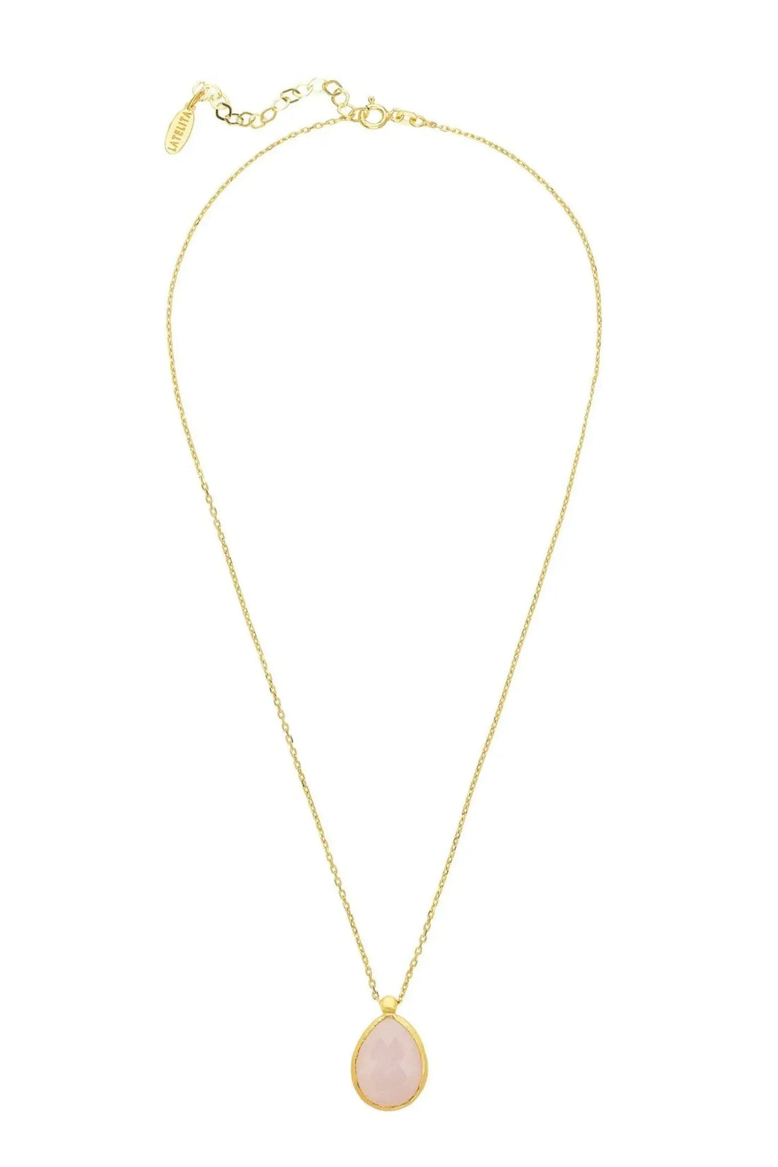 Gold-tone drop necklace with oval rose quartz pendant on thin chain