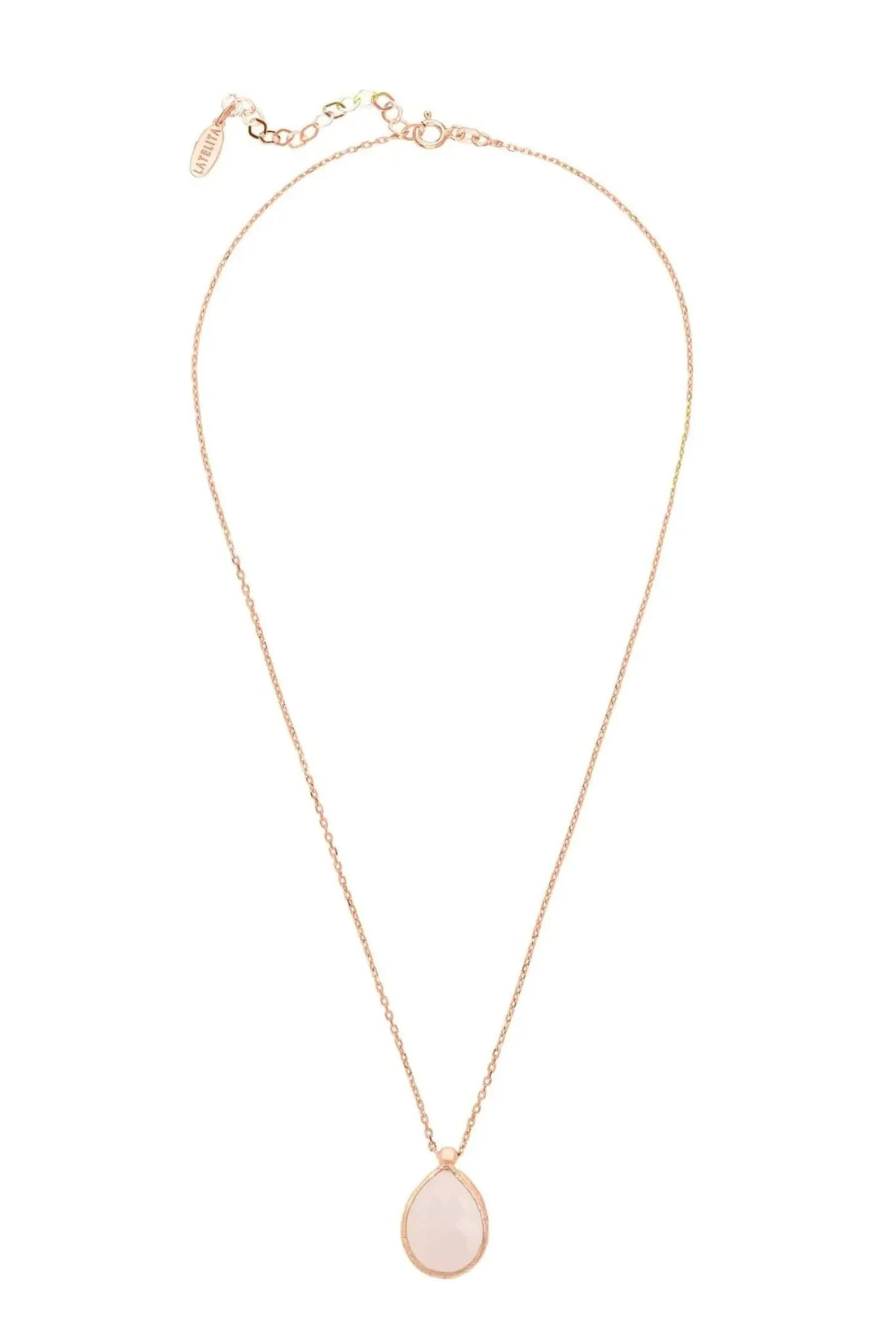 Rose gold teardrop rose quartz pendant necklace with adjustable clasp