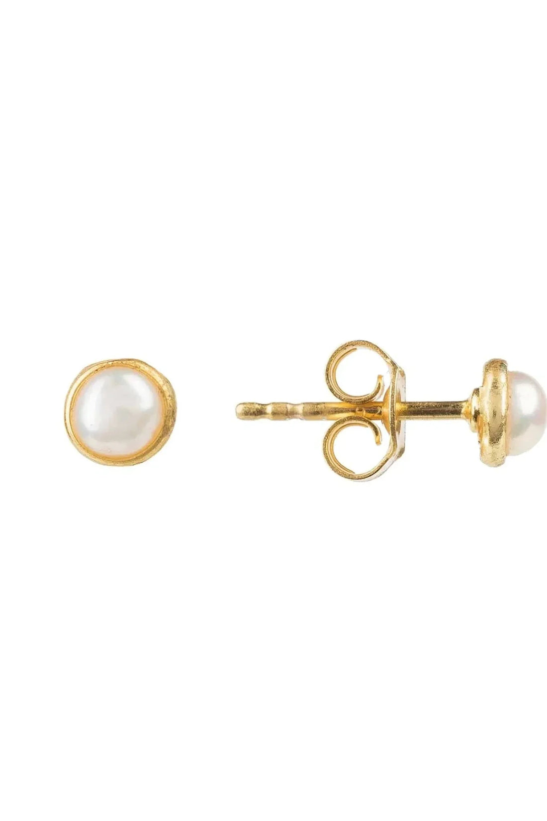 Gold-tone round pearl stud earring showing post back
