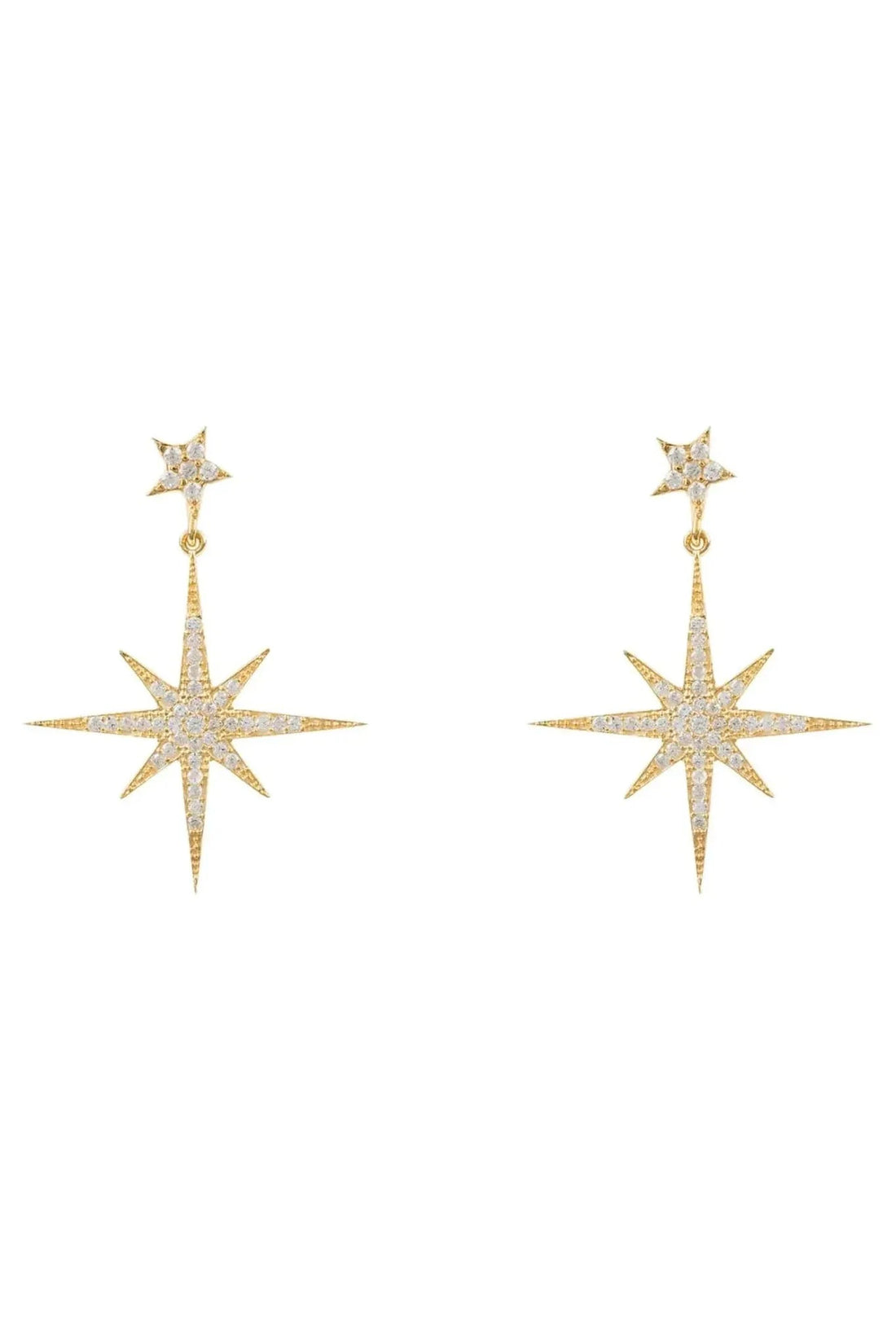 Gold starburst drop earrings with small top stud and dangling star charm