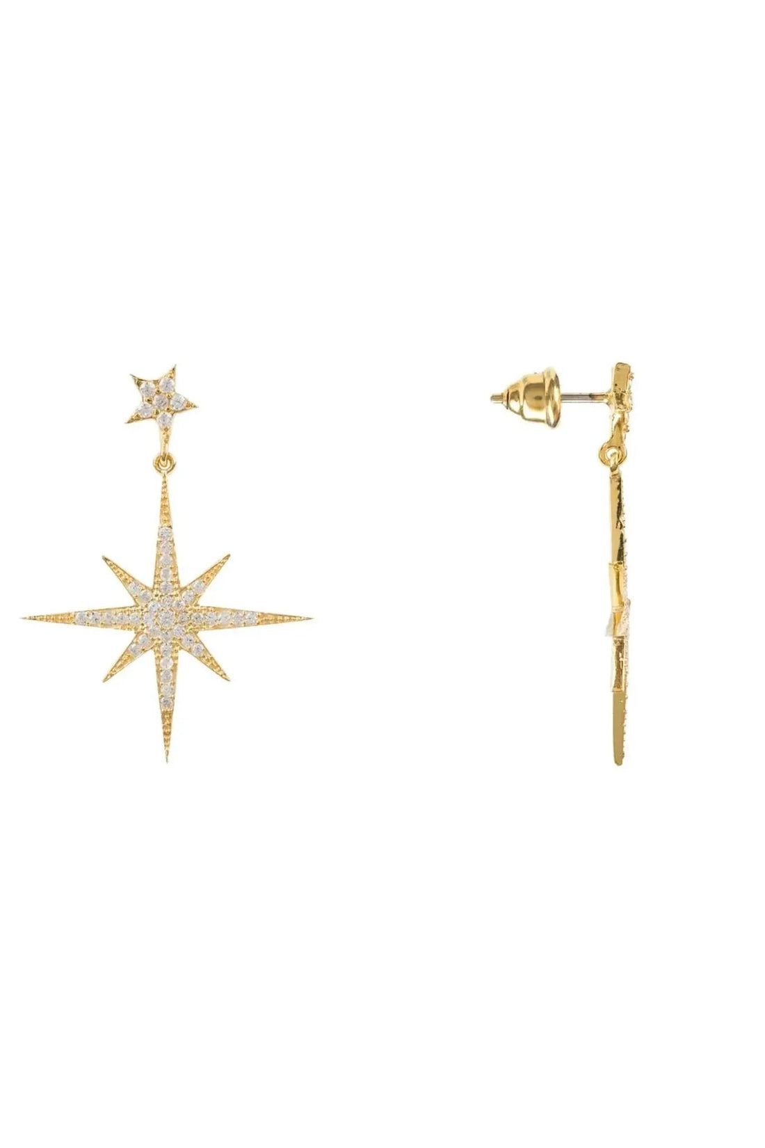 Gold starburst drop earrings with ear-back post and dangling star charm