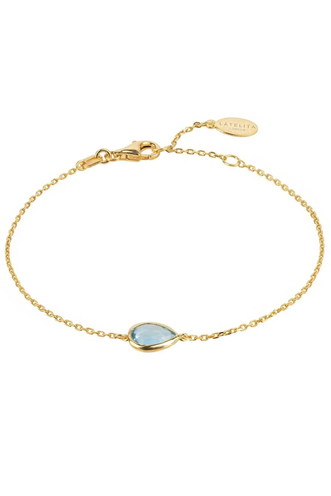 Gold teardrop bracelet with blue topaz stone, linked chain and clasp