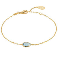 Gold teardrop bracelet with blue topaz stone, linked chain and clasp
