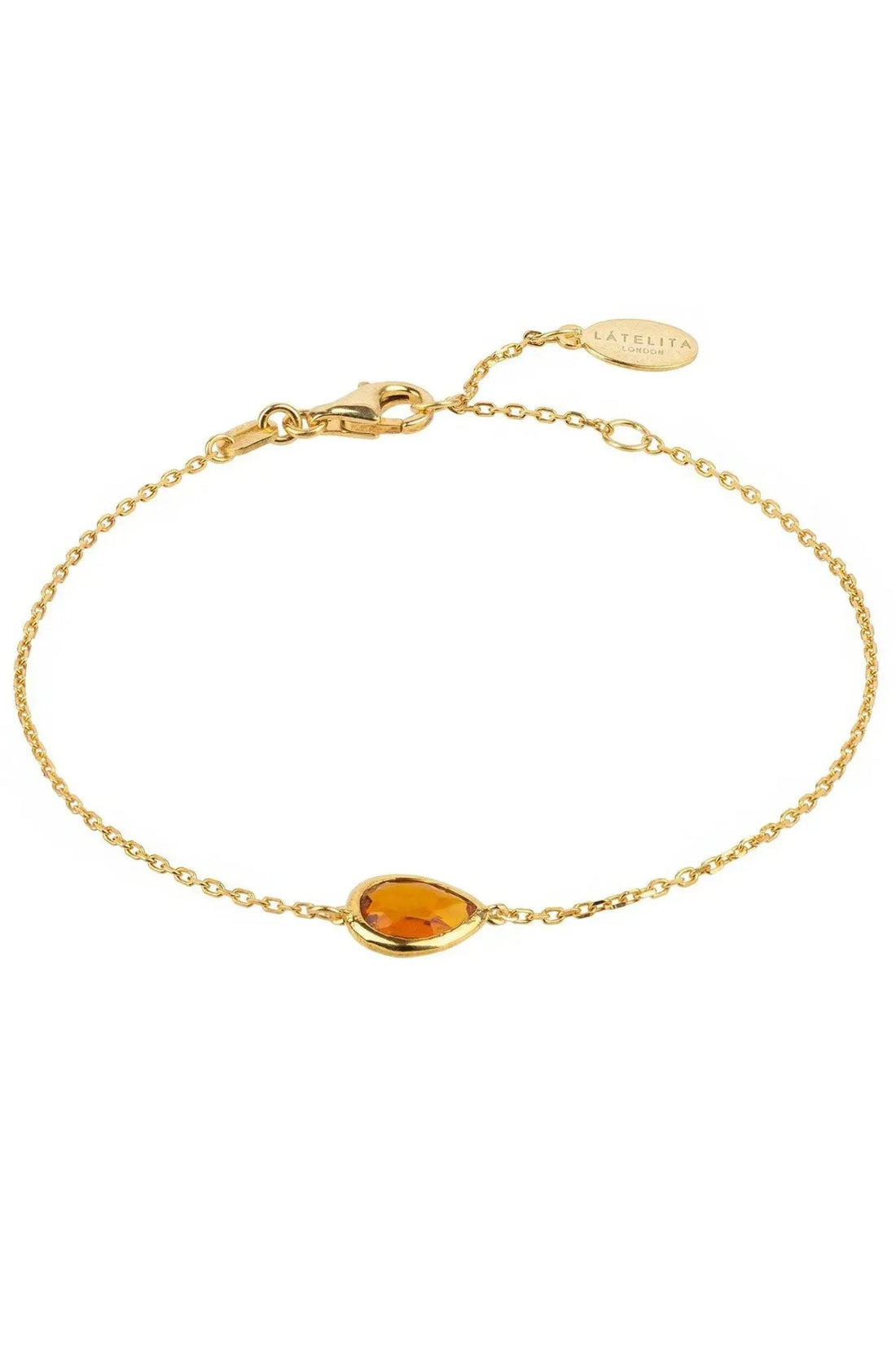 Gold mini teardrop bracelet with amber-colored stone and link chain