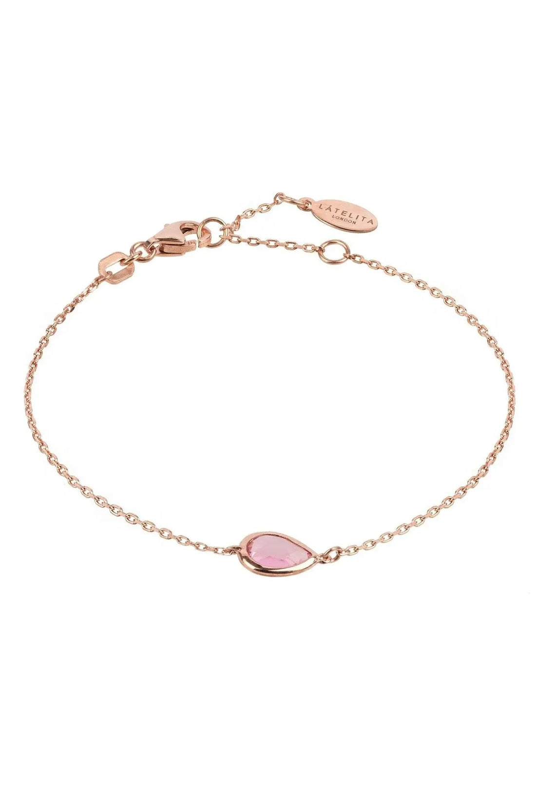 Rose-gold teardrop bracelet with pink gemstone and link chain clasp