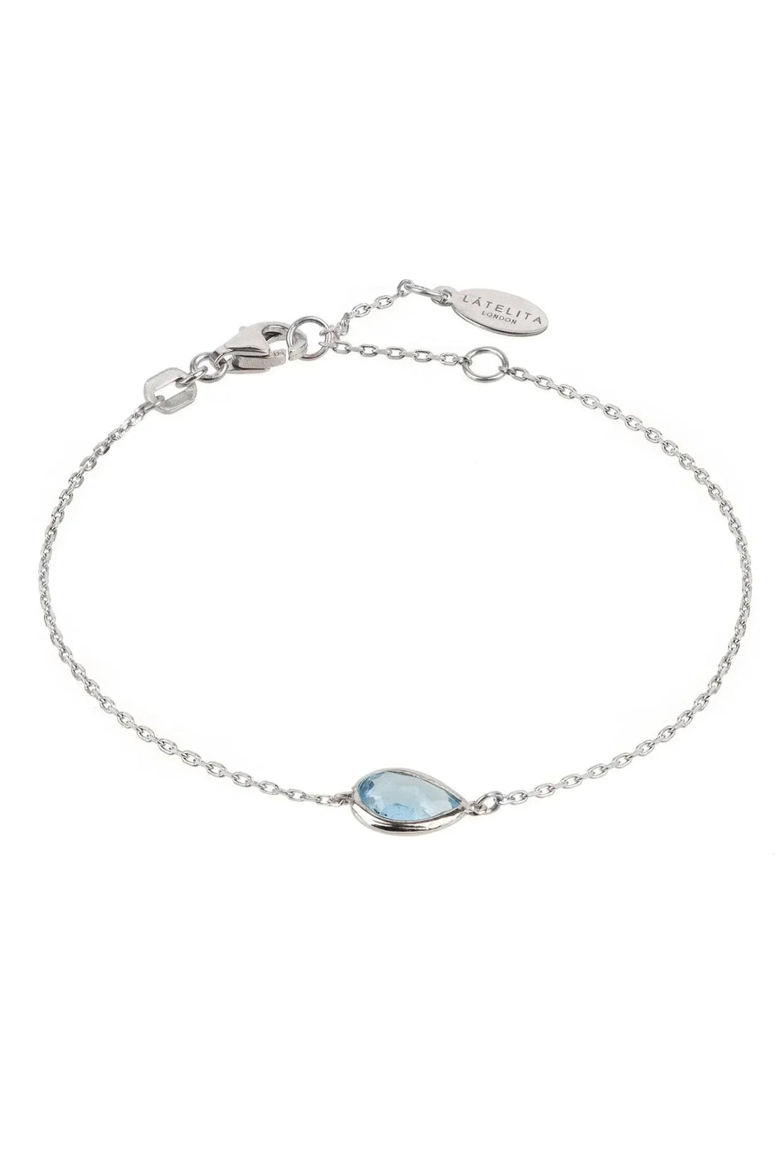 Silver bracelet with teardrop blue gemstone and chain links, adjustable clasp