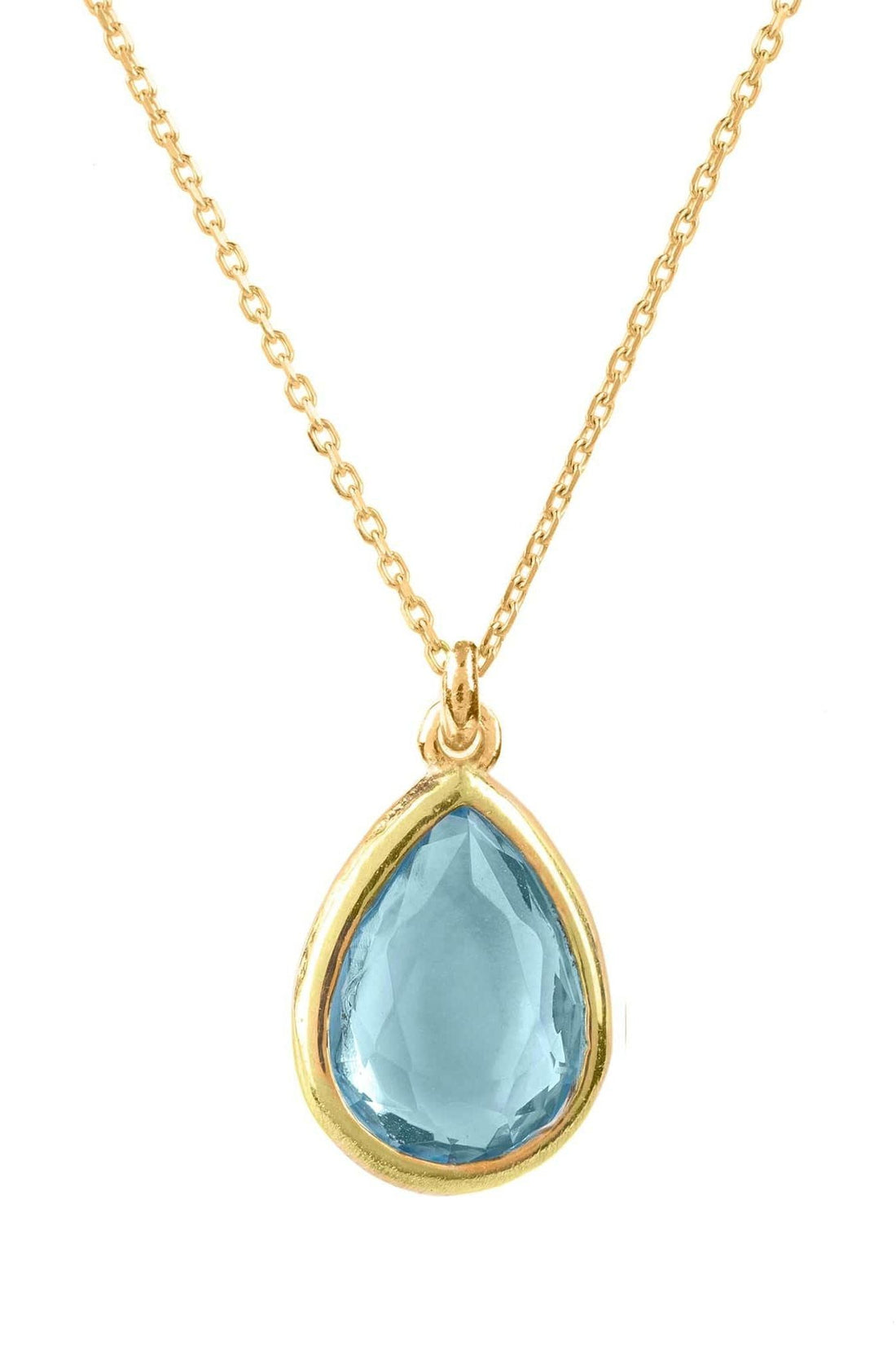Gold teardrop pendant necklace with blue topaz on linked chain
