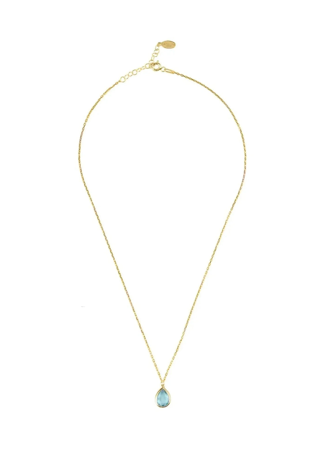 Gold teardrop pendant necklace with blue topaz teardrop drop