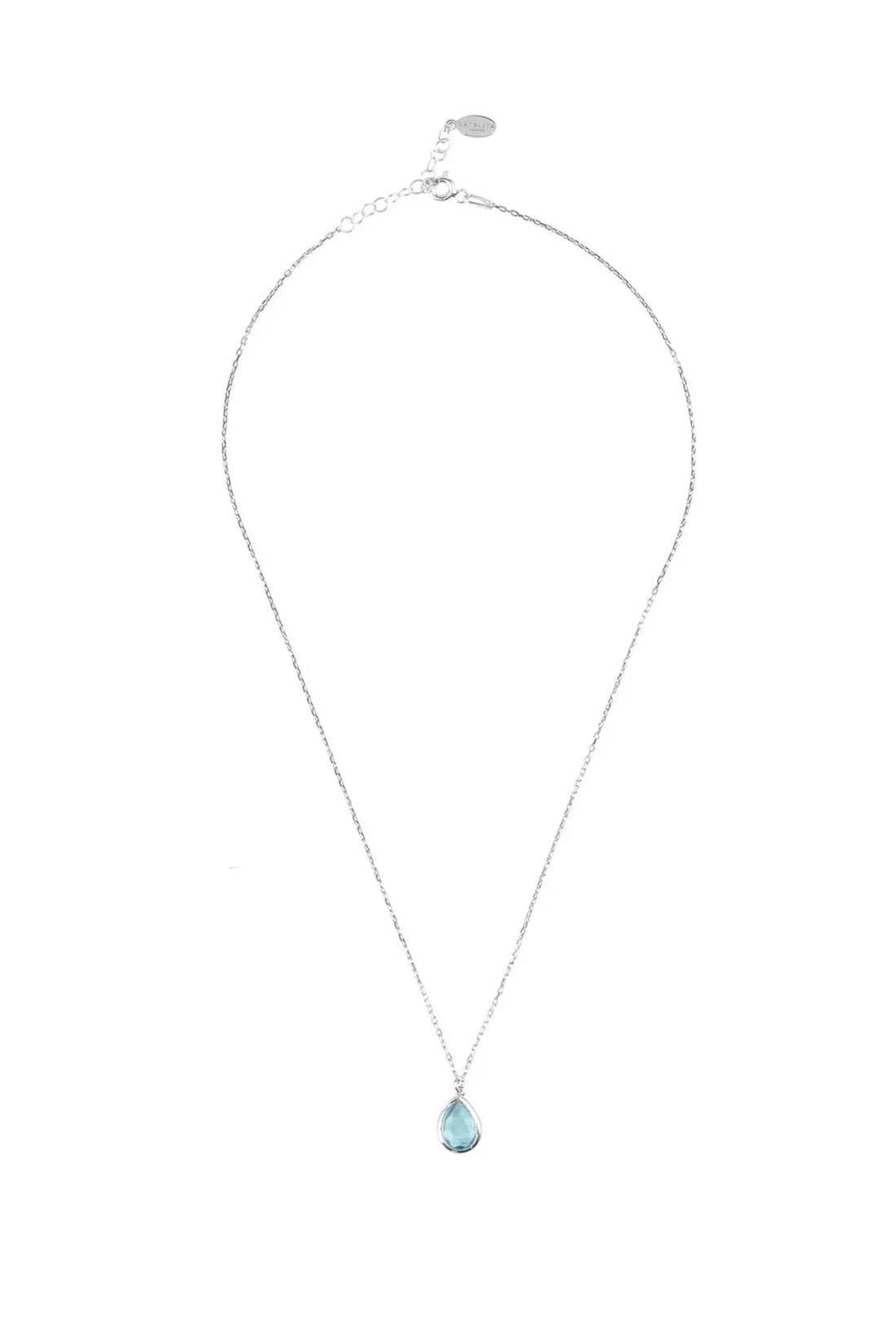 Silver teardrop pendant necklace with light blue topaz, teardrop charm detail