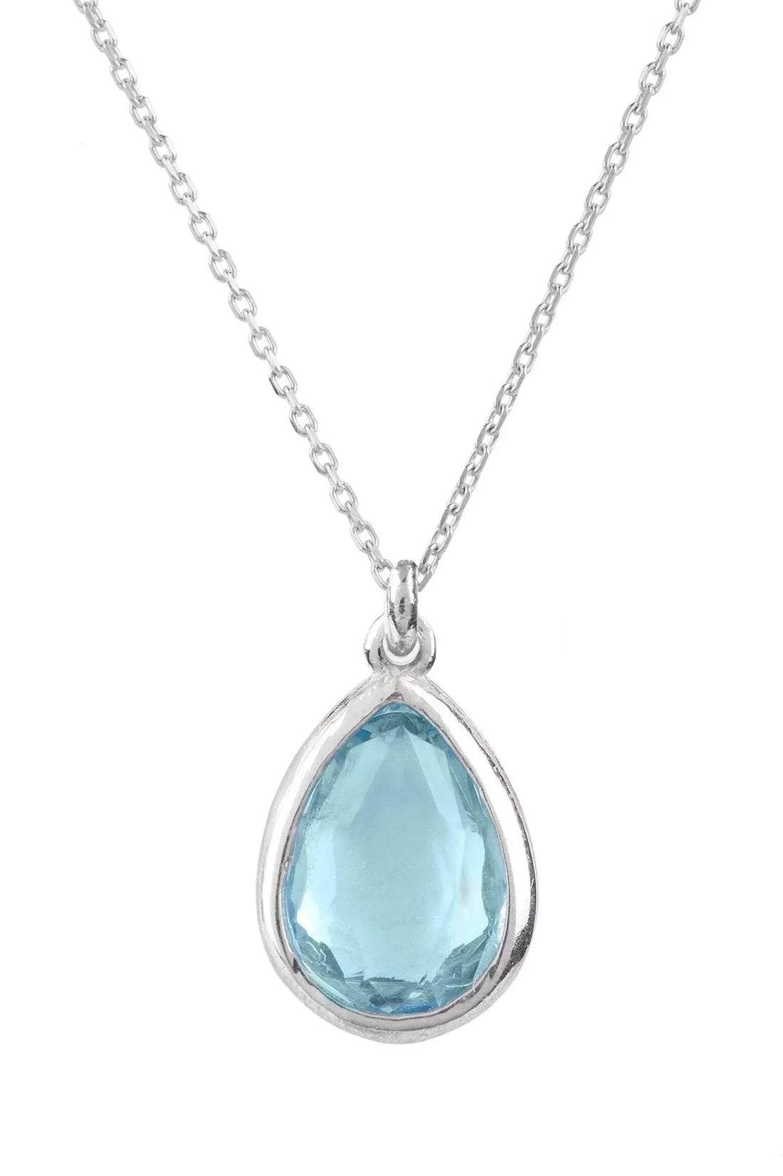 Silver teardrop pendant necklace with light blue topaz on a chain