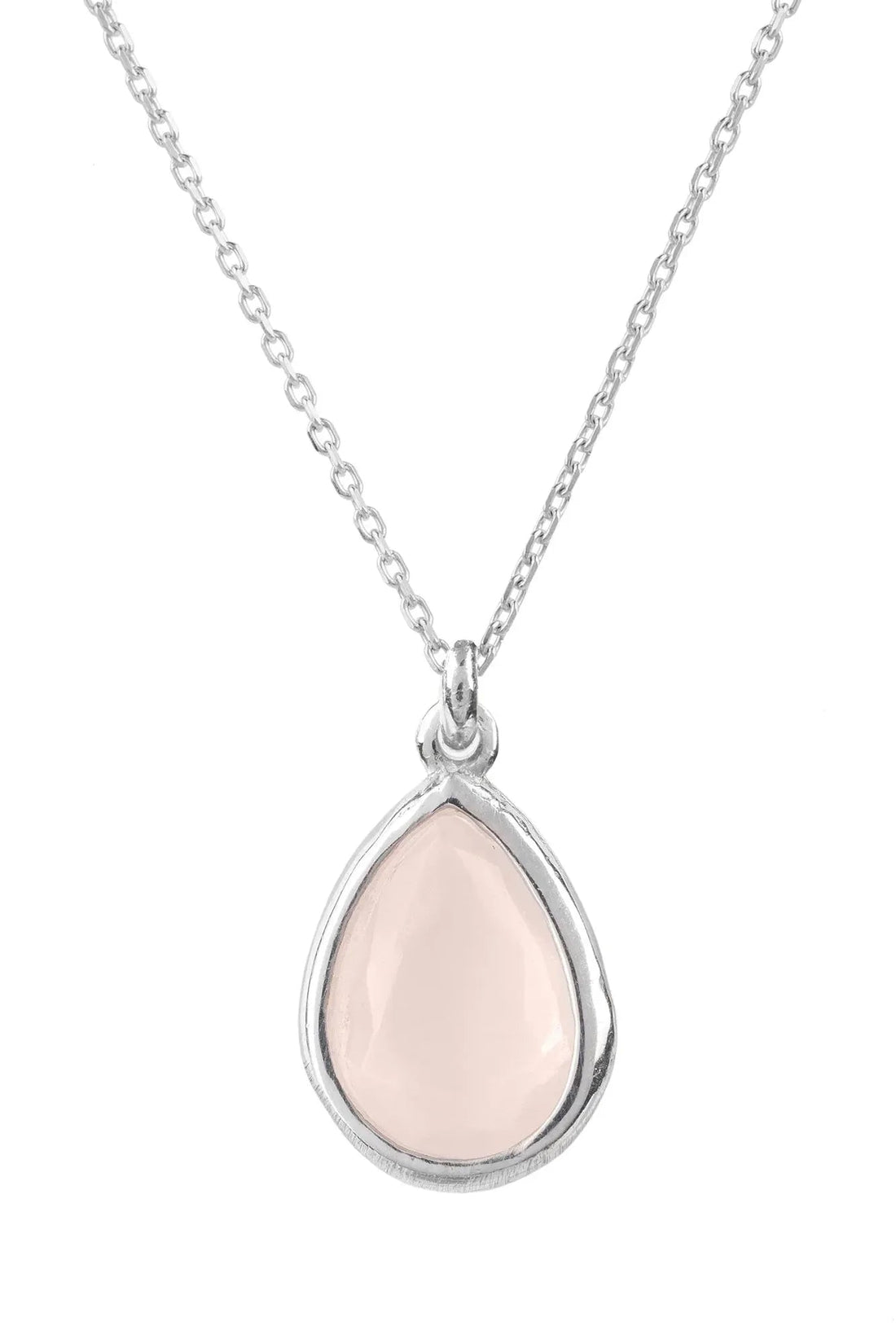 Silver teardrop necklace with pink rose quartz pendant on a chain