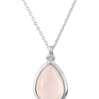 Silver teardrop necklace with pink rose quartz pendant on a chain