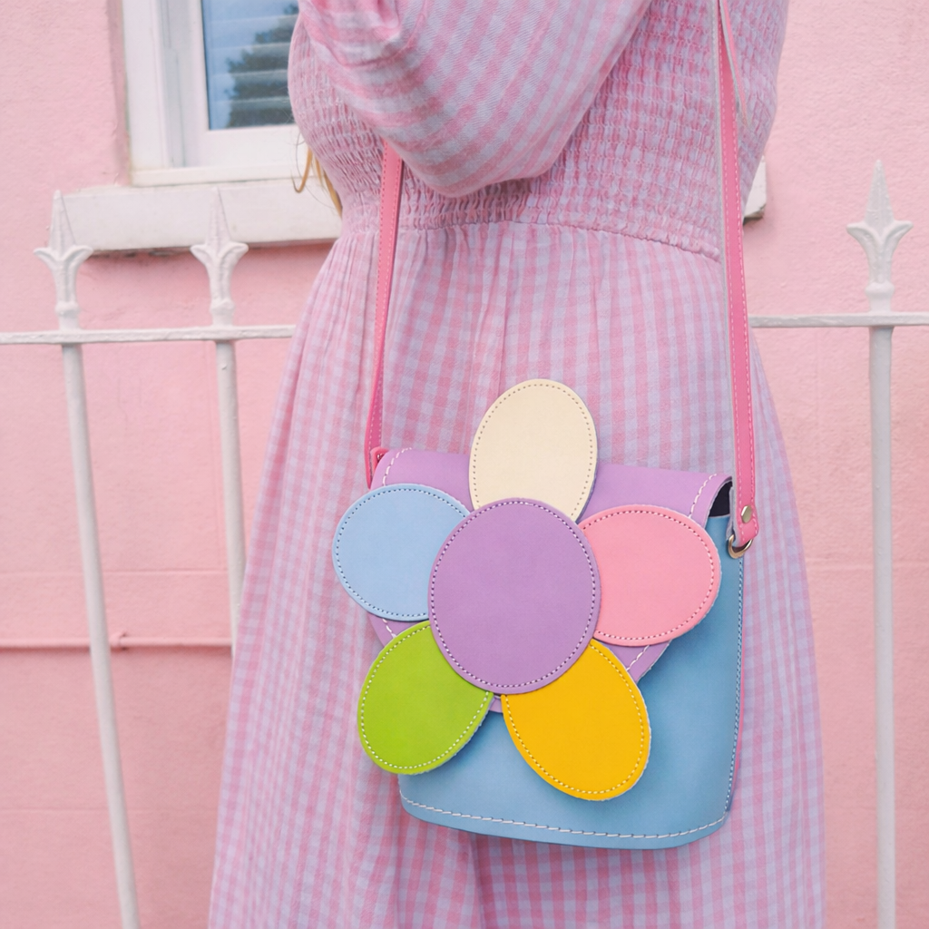 Handmade Leather Daisy Barrel Bag - Pastel Kaleidoscope-1