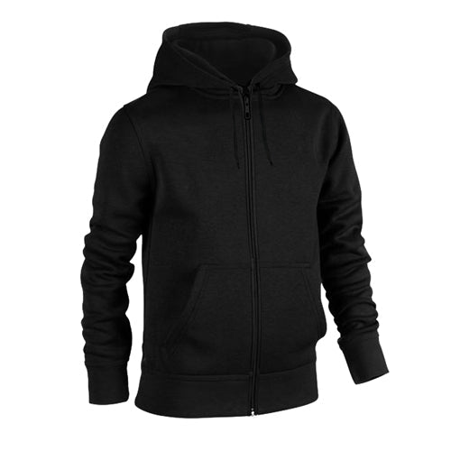 Black zip-up hoodie with hood, drawstring, and front pockets