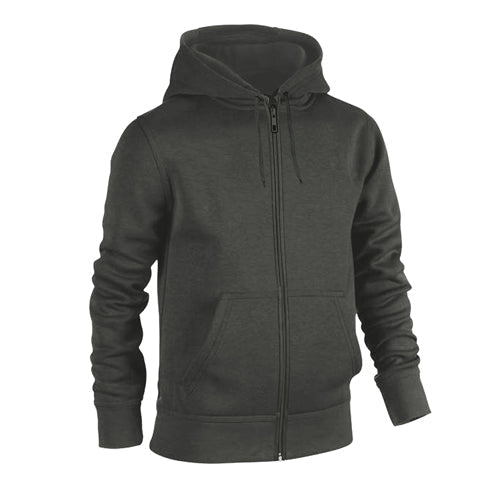 Charcoal grey zip-up hoodie with hood, drawstring, and front pockets