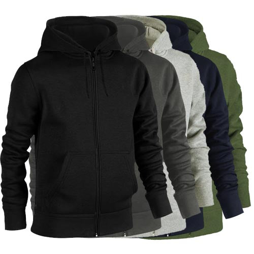 Black zip-up hoodie with hood, drawstring, and front pockets