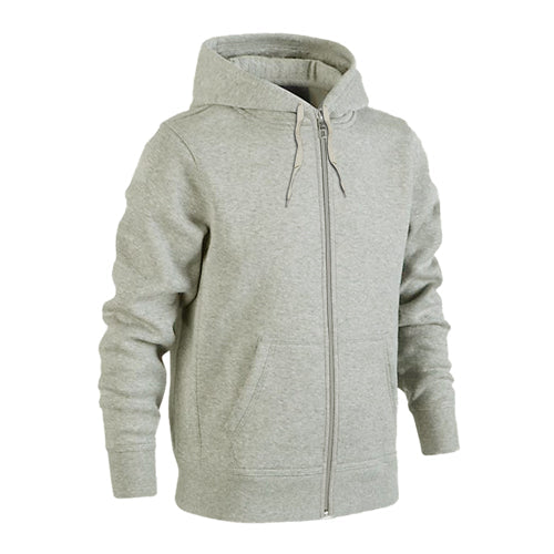 Light grey zip-up hoodie with hood, drawstring, and front pockets