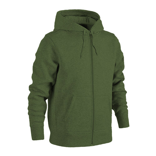 Military green zip-up hoodie with hood, drawstring, and front pockets
