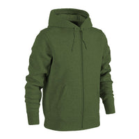 Military green zip-up hoodie with hood, drawstring, and front pockets