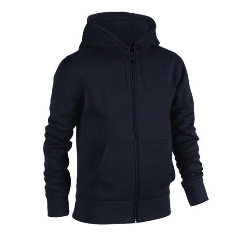 Navy zip-up hoodie with hood, drawstring, and front pockets