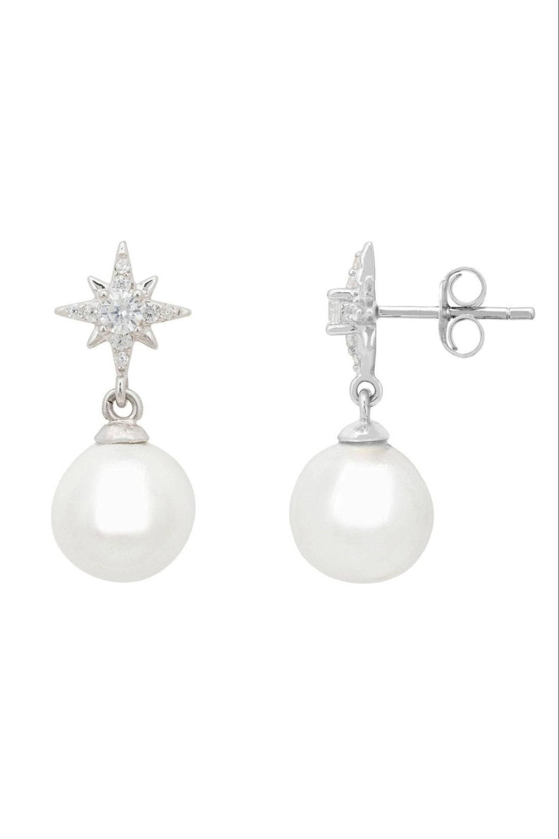 Silver star drop earrings with round pearl, showing stud post backs