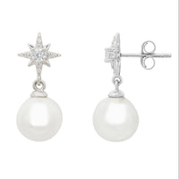 Silver star drop earrings with round pearl, showing stud post backs