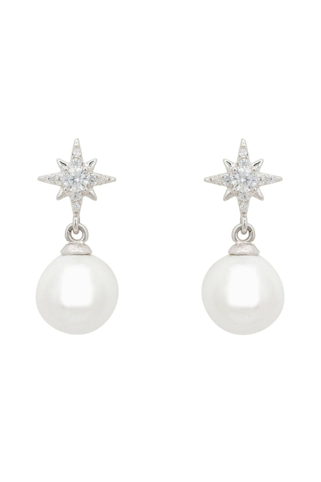 Silver star stud pearl drop earrings with dangling round pearl