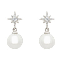 Silver star stud pearl drop earrings with dangling round pearl