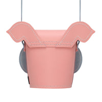 Handmade leather pig-shaped bag, pink with open top and stitched scalloped edges