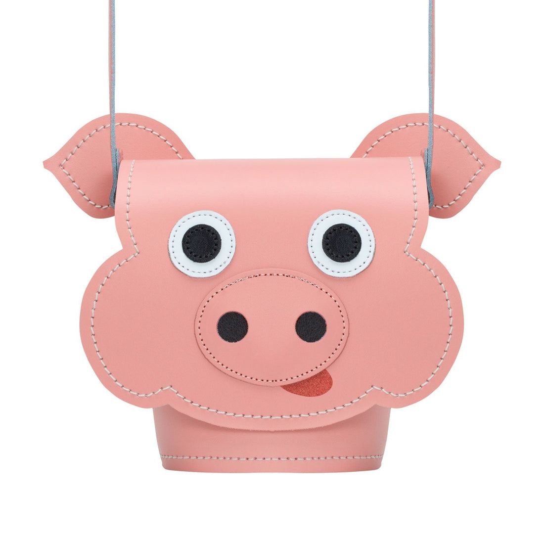 Handmade leather pig-shaped bag, pink with stitched face and round eyes