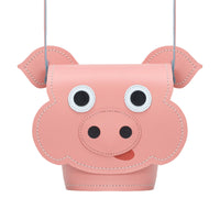 Handmade leather pig-shaped bag, pink with stitched face and round eyes