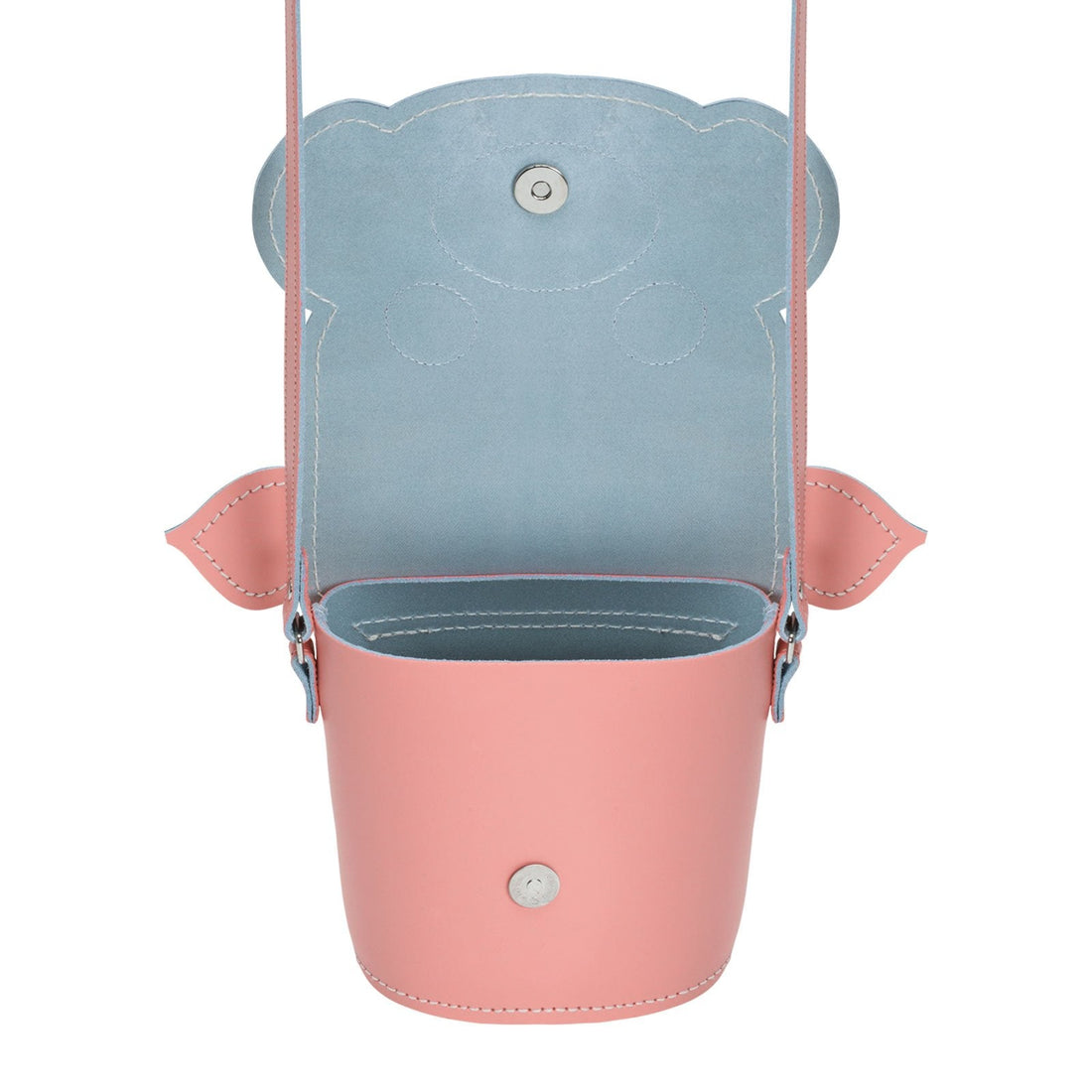 Handmade leather pig-shaped bag, pink with blue interior lining and snap button