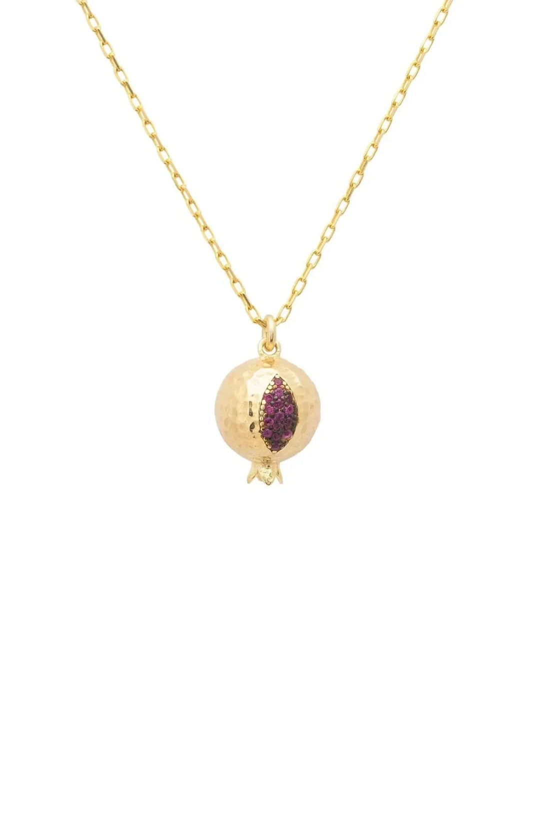 Gold-tone chain necklace with pomegranate charm pendant in purple and pink enamel