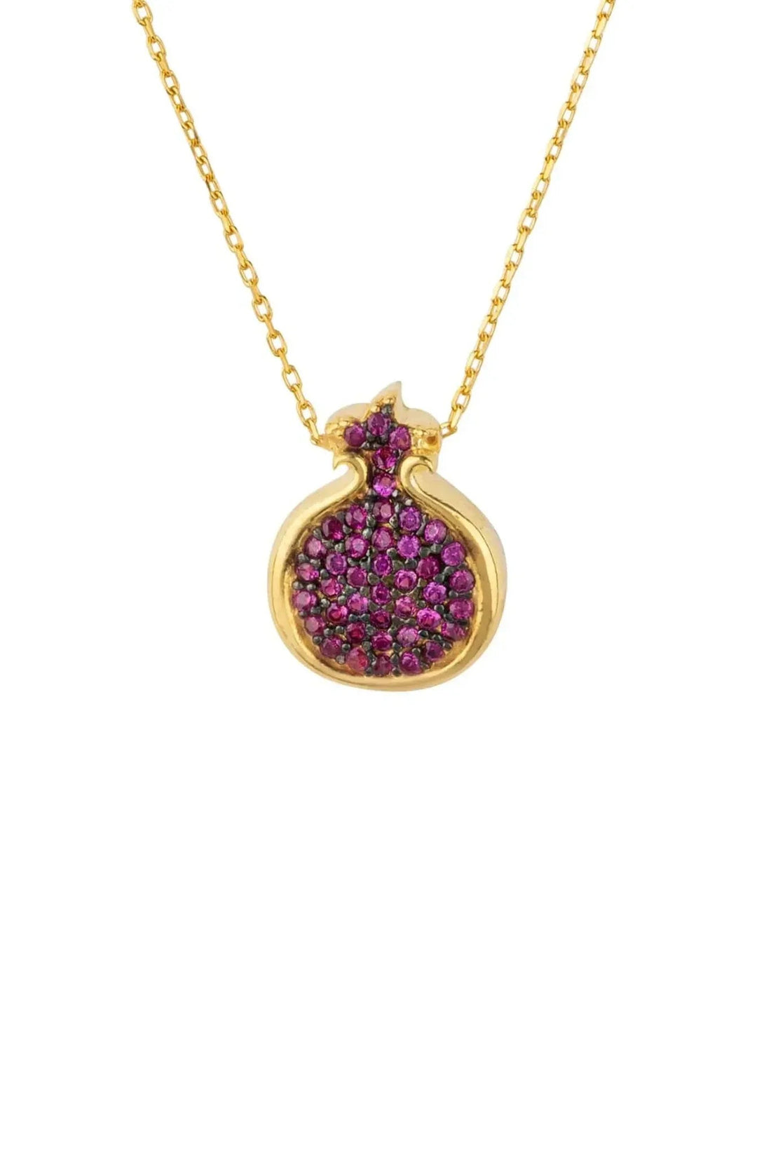 Gold pendant necklace with ruby-pink pomegranate-shaped charm and crystal-set rim