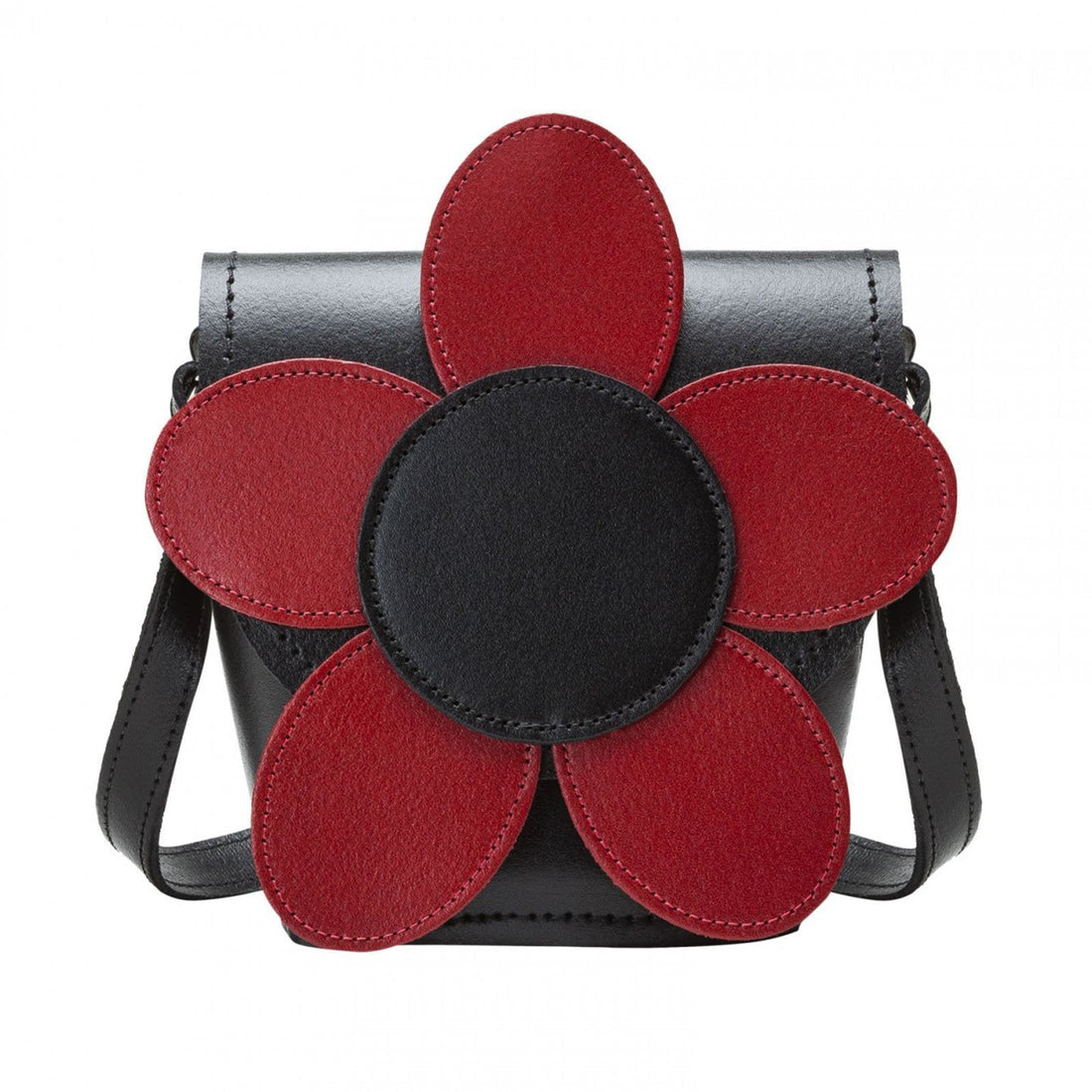 Black leather barrel bag with red daisy flower applique and black crossbody straps