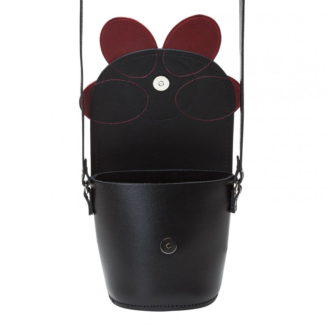 Black leather barrel bag with red-and-black daisy applique and hanging shoulder straps
