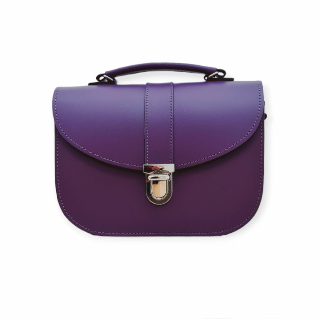 Purple leather crossbody bag with curved flap and front metal clasp