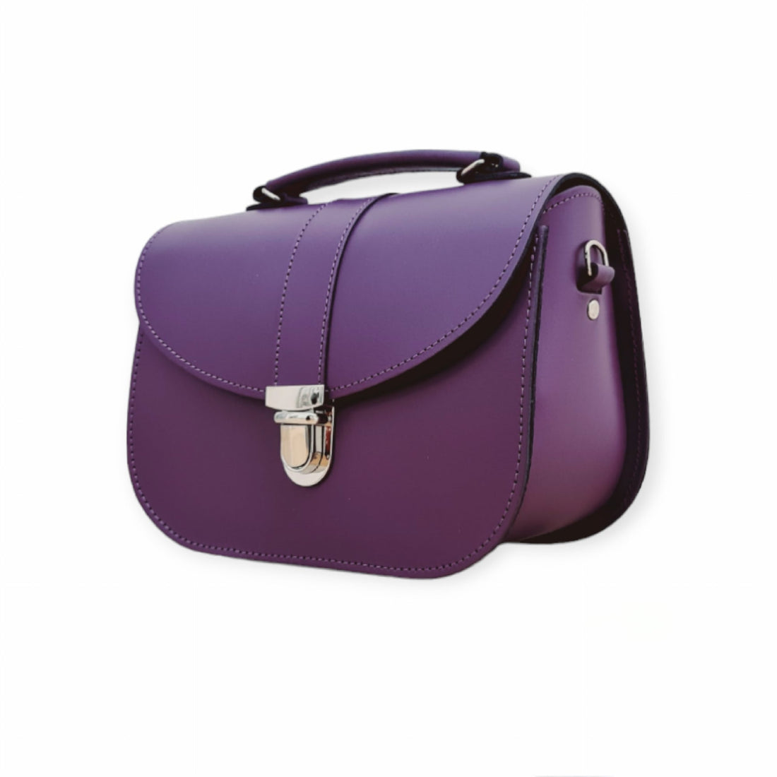 Purple leather shoulder bag with top handle, curved flap, and metal clasp