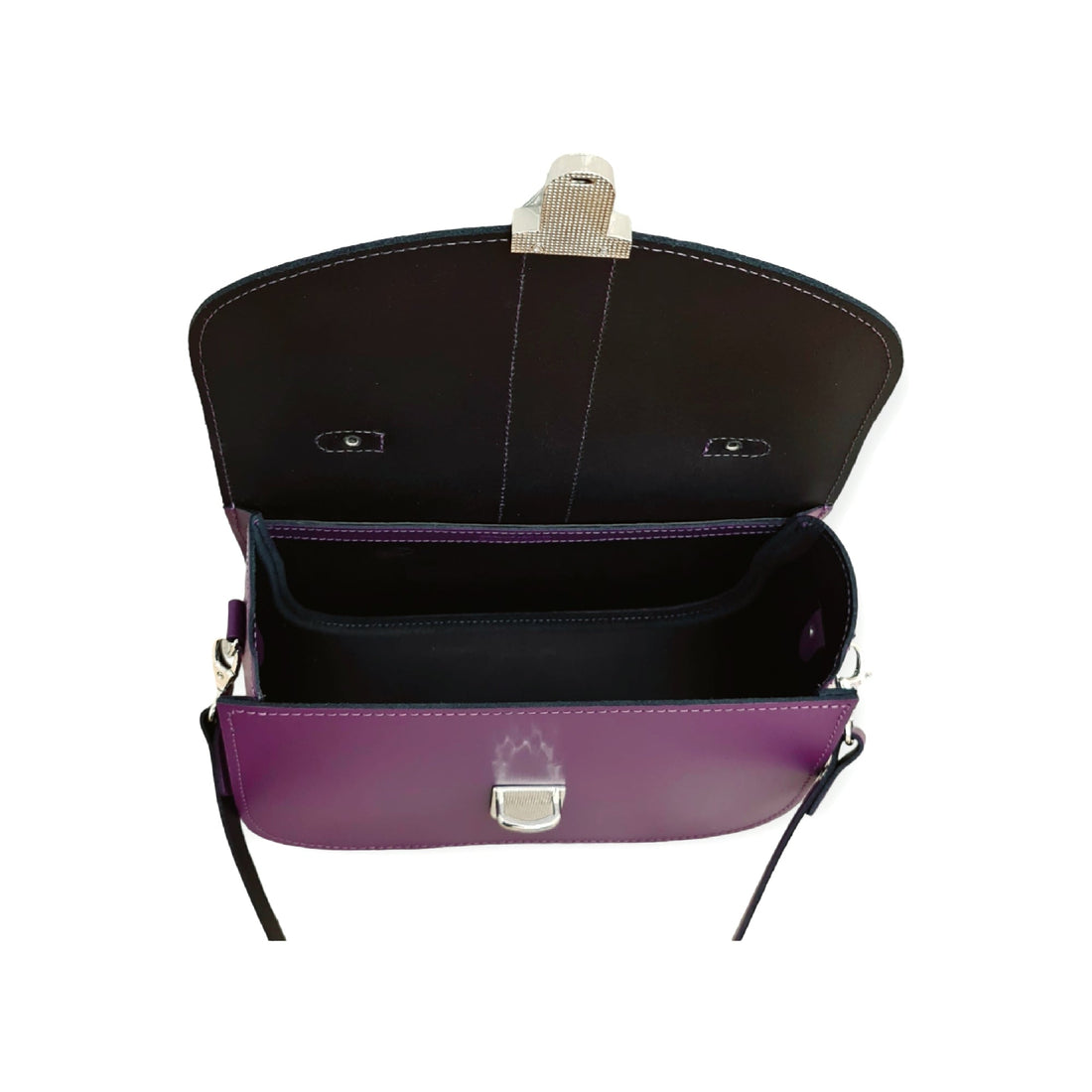 Purple leather bag interior with open flap, metal clasp, and side pockets